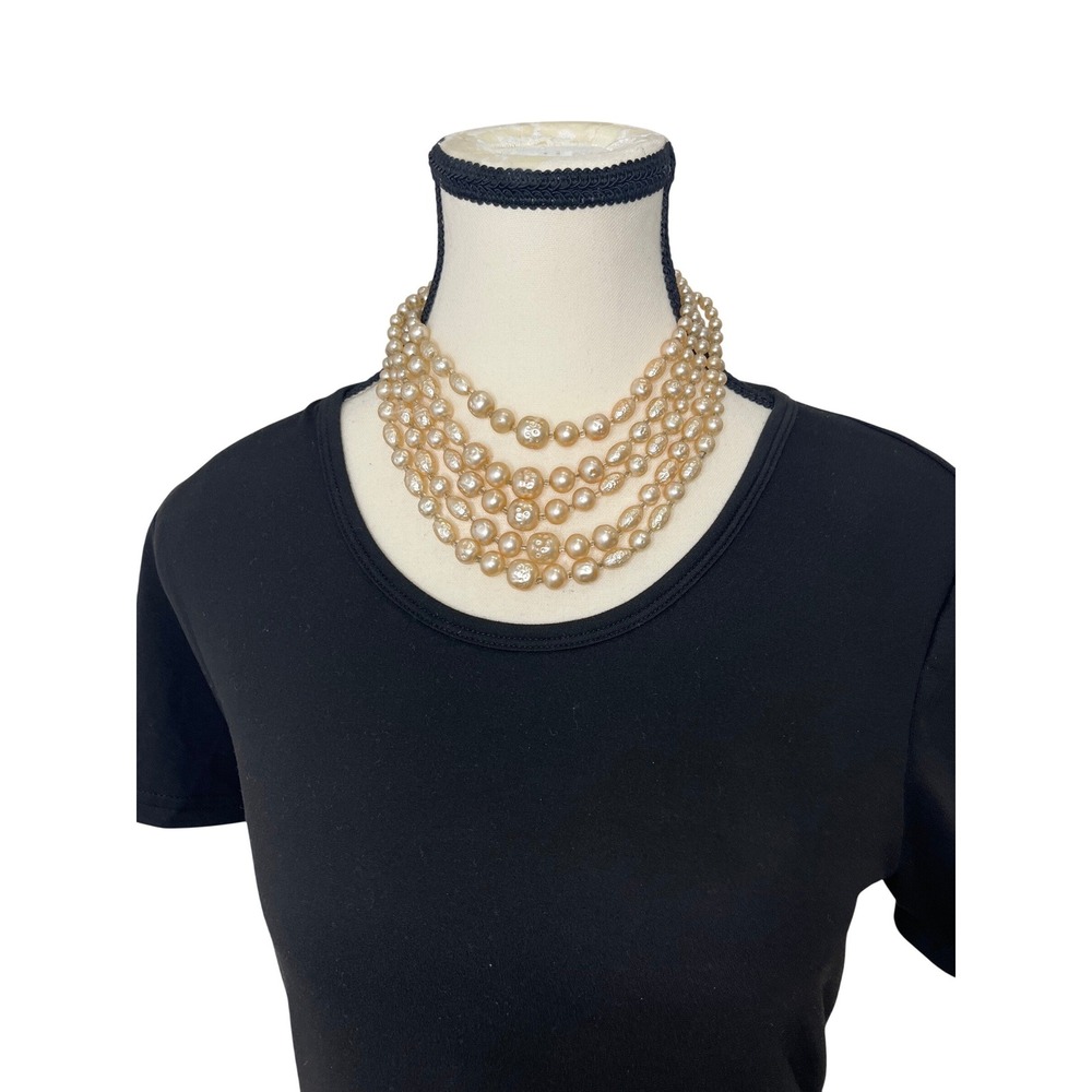Signed Japan Multi-Strand Necklace Womens Cream Good Butterfly Faux Pearl Cascad
